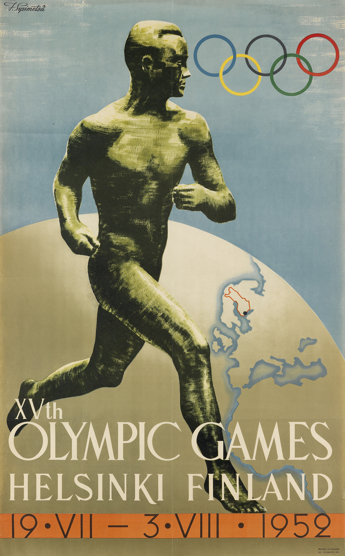 ILMARI SYSIMETSÃ (1912-1955). XVTH OLYMPIC GAMES / HELSINKI FINLAND. 1952. 39x24 inches, 99x62 cm. Oy. Tilgmann AB, [Helsinki.]